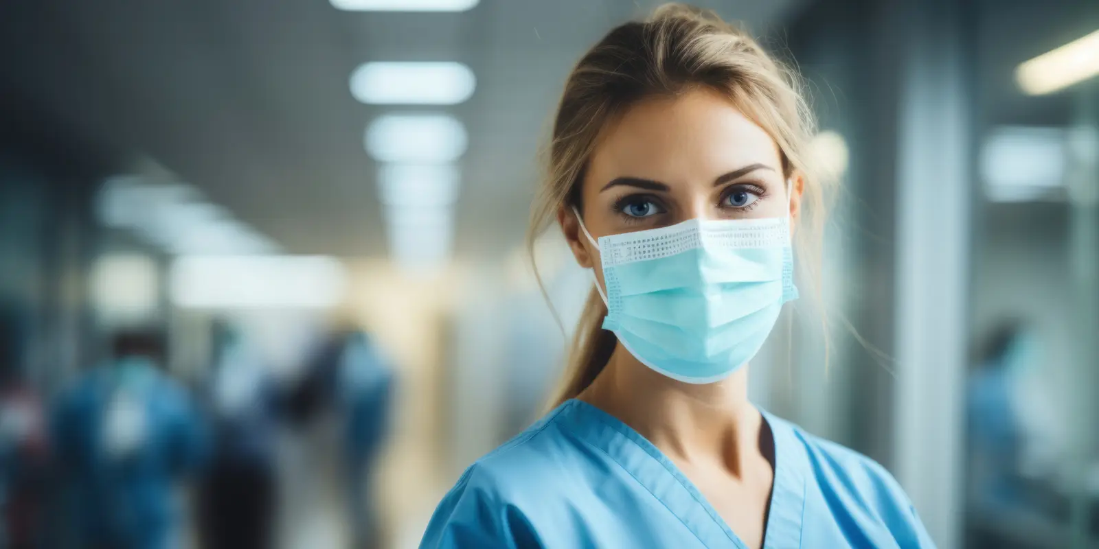 Médica residente de jaleco azul com máscara cirúrgica em hospital, representando profissionais que podem solicitar a carência estendida do FIES durante residência médica prioritária.